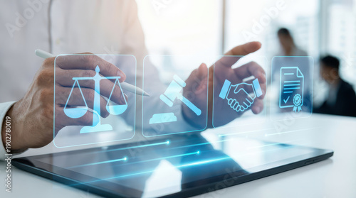 Person interacts with digital interface displaying legal icons, including scales of justice, gavel, handshake, and document, symbolizing modern legal technology