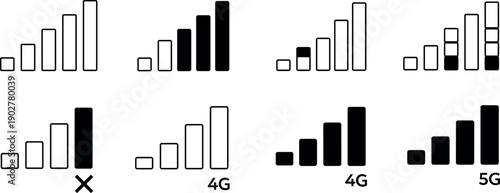 Set of Mobile Phone Signal Strength Bar Icons Representing Cellular Network Connectivity Levels with 4G 5G LTE and Error Status