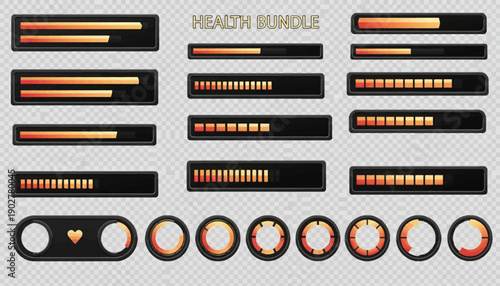 Dark Mode Health Bar UI Bundle – Game HUD Vector Assets