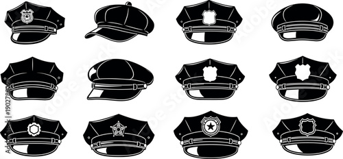 Set of Professional Police Officer Cap Icons and Law Enforcement Uniform Hat Illustrations Isolated on White for Security Design Elements