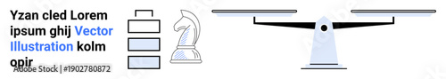 Business strategy, decision-making, data analysis, equilibrium, leadership, efficiency. Chess knight, stacked blocks and balance scale . Business strategy and decision-making concept