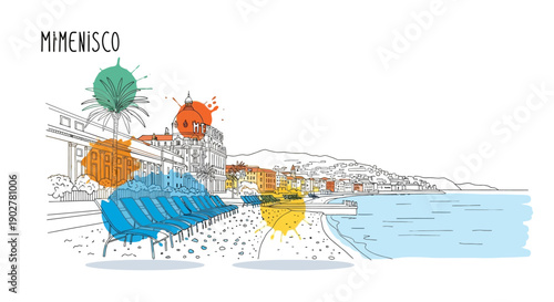 Beachfront Illustration of a Vibrant Coastal Scene in Mihanisko, Evoking Relaxation and Adventure, Digital Art, Serene Environment