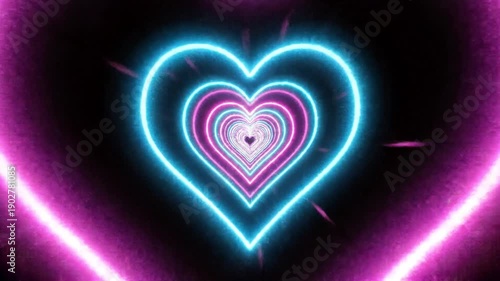 Geometric pink glowing neon hearts tunnel, 4k looping background
