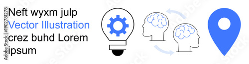Innovation, creativity, process management, problem solving, teamwork, navigation. ion of a lightbulb with gear, brain flow cycle icons and location pin. Innovation and creativity concept