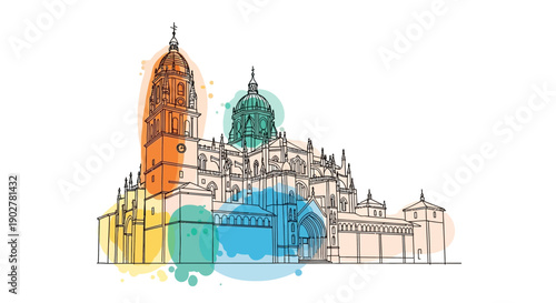 Artistic Illustration of Historical Architecture in Vibrant Colors at a Famous Cathedral