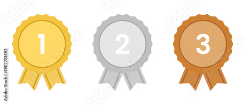 Gold, silver and bronze winner medals with ribbons for sports, competitions, ranking ceremonies and achievement awards