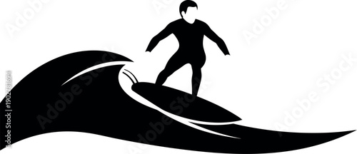 Surfer riding a wave in a black silhouette against a white background