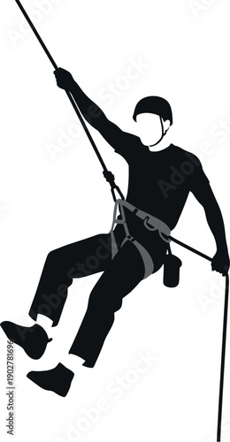 A person rappelling down a rope with a harness and carabiner