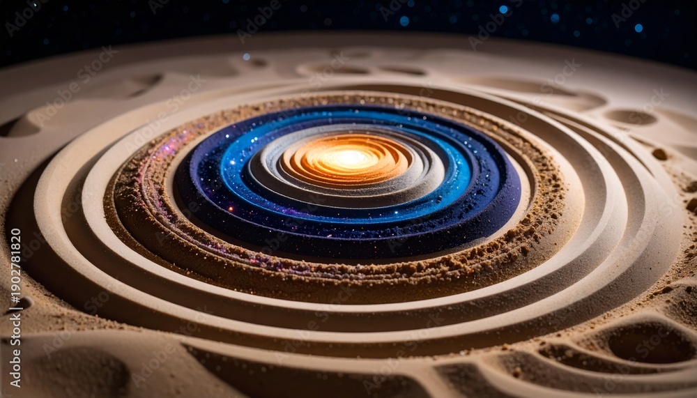 Fototapeta premium Cosmic Geode: A Luminous Galaxy Core within Concentric Sandy Layers