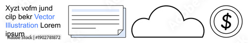 Cloud storage, financial services, data management, document exchange, modern technology, digital systems. Minimalist icons of cloud, document dollar symbol. Cloud storage and financial services