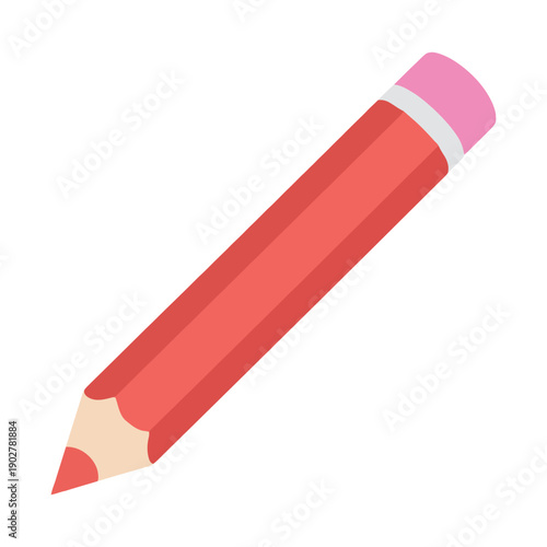 A bright red pencil with a pink eraser on a white background