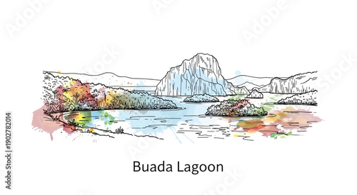 Scenic Landscape Illustration of Buada Lagoon, Vibrant Nature and Serene Waters in a Calm Environment