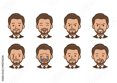 大人の男性の表情セット　ビジネス向け感情アイコン素材｜男性,表情,顔,感情