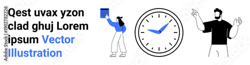 Time management, productivity, organization, time tracking, punctuality, teamwork. Clock in center with two characters, one holding a box. Time management and productivity