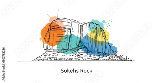 Artistic Illustration of Sokehs Rock Surrounded by Vibrant Colors, Nature Scene, Creative Environment, Unique Viewpoint