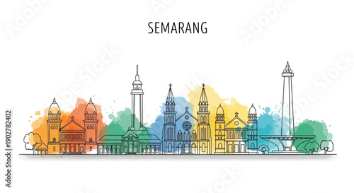 Artistic Illustration of Semarang's Iconic Landmarks and Architecture in Vibrant Colors