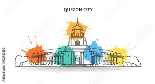 Artistic Illustration of Quezon City Hall with Colorful Splashes, Quezon City, Graphic Design, Urban Landscape, Aerial Perspective