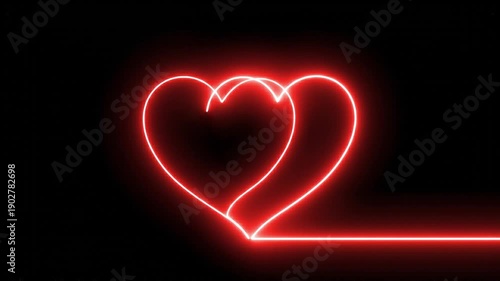 Two love hearts. Valentine's Day indicate. Love One line drawing concept. love card neon glowing icon. valentines love heart symbol animation.
