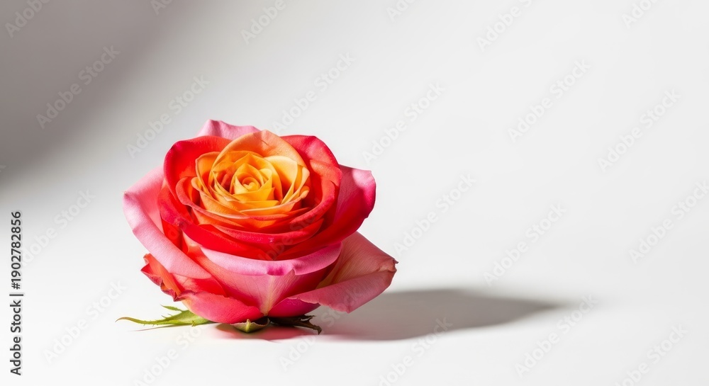 Fototapeta premium A beautiful vibrant rose blossom isolated against a stark white studio background, emphasizing elegance, purity, and natural grace, minimal, spring, minimalism