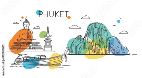 Buddha Statues, Scenic Landscapes, Phuket, Illustrative Art, Serene Environment, Aerial Perspective