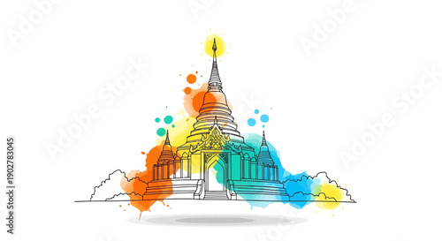 Artistic Illustration of a Colorful Temple Landscape in a Creative Environment