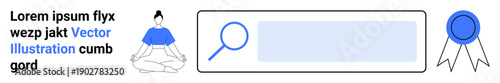 Mindfulness, digital search, education, certification, self-improvement, authenticity. Person meditating next to a search bar and certification badge. Mindfulness and digital search