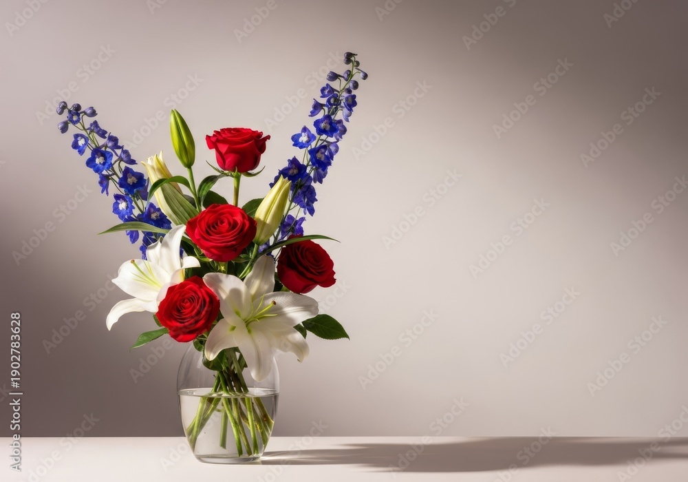 Naklejka premium A gentle, soft-focused floral arrangement featuring bright red, crisp white, and deep blue blooms inside a clear glass vase under natural light, Flowers, gentle, diffuse