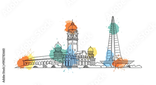 Artistic Skyline Illustration of Iconic Landmarks in Cityscape, Urban Environment, Vibrant Colors, Creative Design Perspective