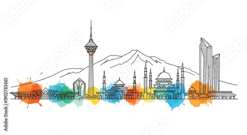 Cultural Festival Celebration, Tehran Cityscape, Illustrative Art, Urban Environment, Vibrant Colors, Artistic Viewpoint, Heritage Concept