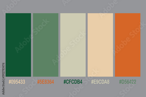 Five vertical color swatches deep green sage beige peach and orange color palette