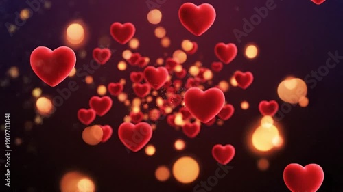 Loop video. Abstract red hearts on dark background. Concept: valentine's day, anniversary, mother's day, marriage, invitation e-card. Seamless loop 4k video. 