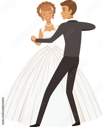 Wedding dance. Young and happy bride and groom together