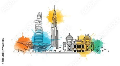 Iconic Landmarks in Ho Chi Minh City - Vibrant Illustrations of Cultural Heritage