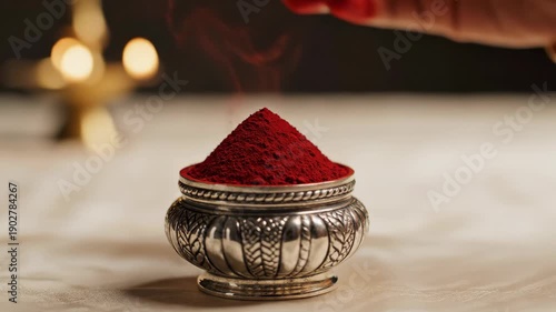 Red powder in silver bowl for Diwali celebrations, hand sprinkling traditional kumkum powder onto festive offering.