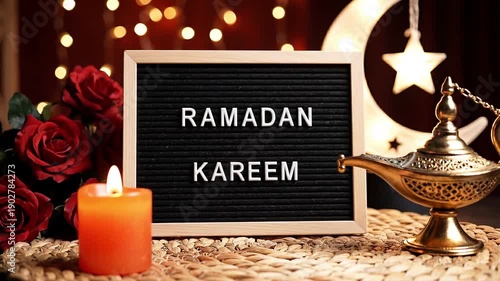 Wallpaper Mural Ramadan Kareem letter board on a woven mat with a burning orange candle and red roses against a warm bokeh light background Torontodigital.ca