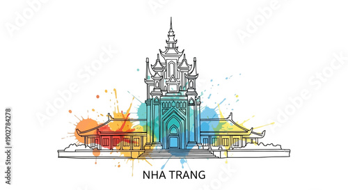 Nha Trang Temple Illustration, Vietnam, Artistic Representation, Colorful Design, Vibrant Environment