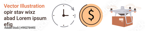E-commerce, logistics, time management, delivery services, financial transactions, technology. A quadcopter carrying a package, a clock and a dollar symbol. E-commerce and logistics concept