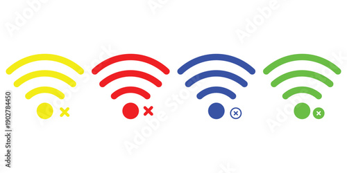 Four colored wifi symbols with crosses indicating no connection signal internet