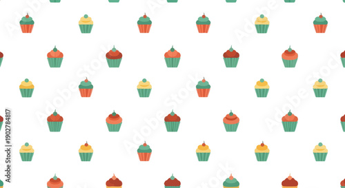 Seamless pattern of colorful cupcakes with frosting and sprinkles, flat design vector illustration.