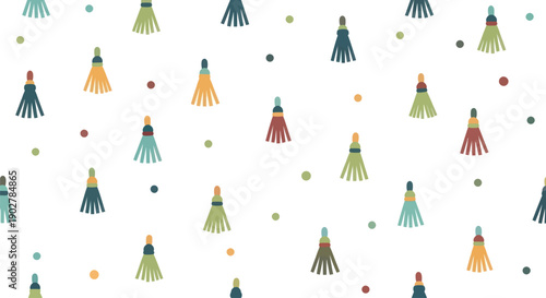 Flat design seamless pattern of colorful tassel icons scattered on a white background.