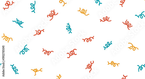 Colorful curly ribbons and streamers scattered on white background, flat design vector pattern.