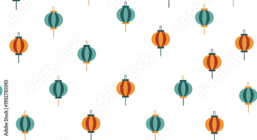 Seamless pattern of decorative paper lanterns in teal and orange on white background, flat design
