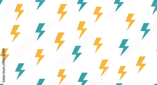 Yellow and teal lightning bolt icons scattered on a white background, flat design vector pattern.