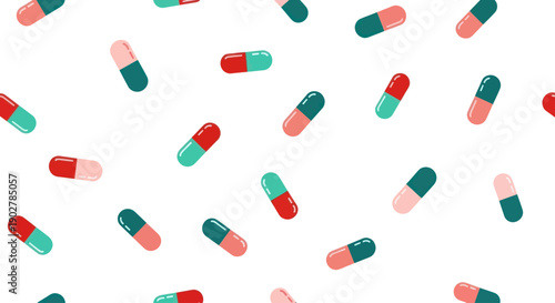 Scattered capsule pills in pink, red, and teal colors on a white background, flat design style.