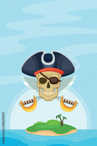 Pirate island vertical banner. Cartoon kid party flyer