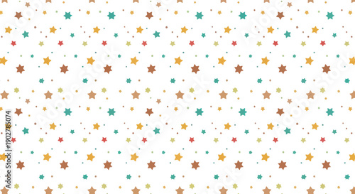 Seamless pattern of small colorful stars and dots on white background, flat design vector illustration