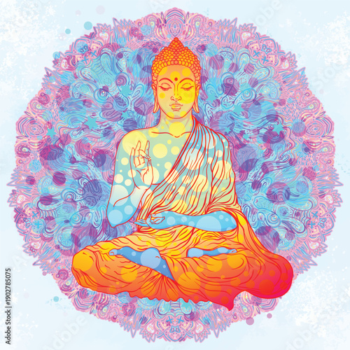 Acid Lord Buddha, ornate mandala round pattern mushroom illustration. Esoteric vintage vector illustration. Indian, Buddhism, spiritual art. Hippie tattoo, spirituality, rave party poster.