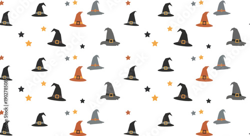 Seamless pattern of cartoon witch hats and stars on white background, flat design vector illustration