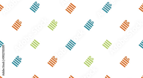Repeating pattern of simple gift box icons in various colors on a white background.