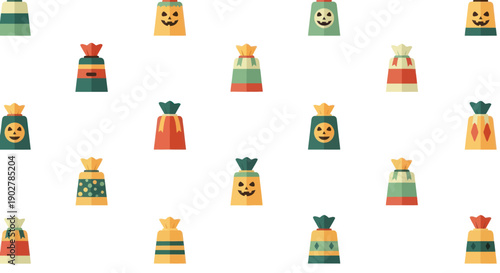 Halloween gift bags with jack-o'-lantern faces and festive patterns, flat design vector illustration.